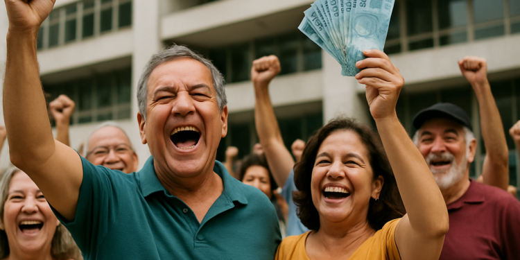Grupo de pessoas sorrindo e comemorando enquanto uma mulher segura várias cédulas de dinheiro azul