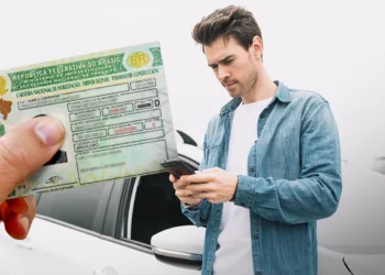 Um homem branco segura seu celular ao lado de um carro enquanto outro detalhe mostra a nova Carteira Nacional de Habilitação (CNH) brasileira em primeiro plano.