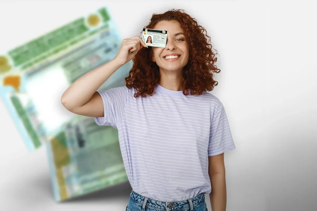 Uma mulher sorridente com cabelo cacheado e camiseta listrada segura a nova Carteira Nacional de Habilitação (CNH) na altura do olho, simbolizando a modernidade do processo de renovação digital.