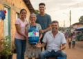 Família brasileira, incluindo idosa e jovens, sorrindo e segurando um botijão de gás com o logo "Gás do Povo", em rua de comunidade, representando o início do benefício social