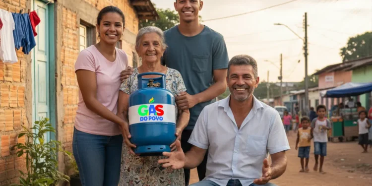 Família brasileira, incluindo idosa e jovens, sorrindo e segurando um botijão de gás com o logo "Gás do Povo", em rua de comunidade, representando o início do benefício social