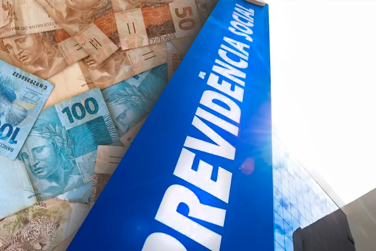 Placa com a inscrição "Previdência Social - Instituto Nacional do Seguro Social" e notas de 100 reais ao fundo, simbolizando o pagamento de benefícios e o risco de cobranças indevidas.