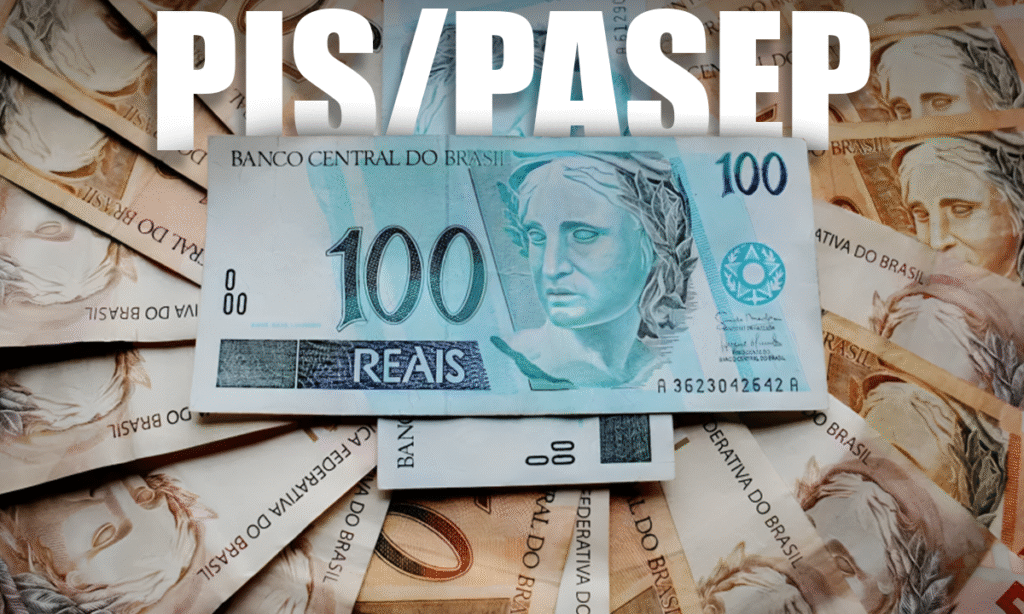 Cédula de 100 Reais em destaque sobre outras notas, com o texto "PIS/PASEP" em branco. A imagem representa os valores esquecidos do fundo.