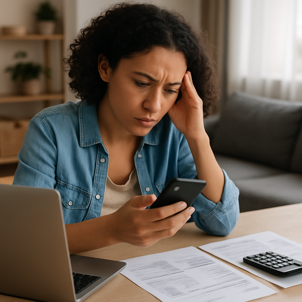  Mulher com expressão preocupada olhando para o celular enquanto analisa contas e calculadora em mesa