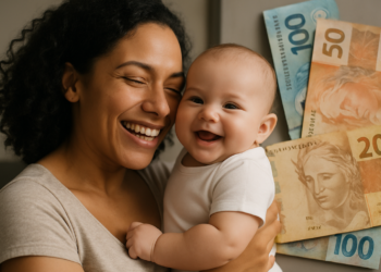 Mulher sorridente segurando bebê sorridente com notas de real ao fundo