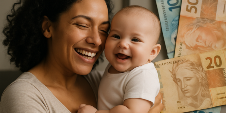 Mulher sorridente segurando bebê sorridente com notas de real ao fundo