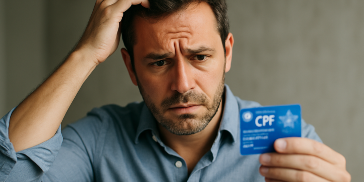 restricao x Homem com expressão preocupada segurando a carteira de CPF azul em fundo neutro