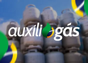 Pilha de botijões de gás com o logotipo do Auxílio Gás em destaque na frente.