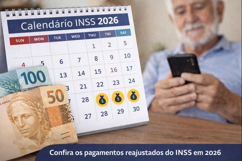 Calendário INSS 2026: Pagamentos Reajustados e Direitos. Calendário de janeiro de 2026 com datas de pagamento do INSS, com notas de 100 e 50 reais ao lado, e um idoso consultando o celular.