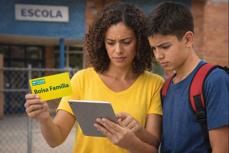 Orientações sobre como proceder em caso de irregularidades no Bolsa Família. Mãe e filho analisando o status do Bolsa Família em um tablet, com a mãe segurando o cartão do benefício.
