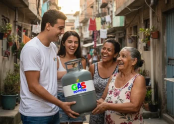 Grupo de pessoas sorrindo enquanto recebem um botijão de gás do programa Gás do Povo em uma comunidade.