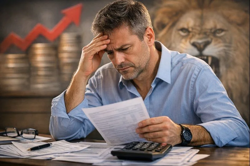 Impacto da nova tabela do IR 2026 nas diferentes faixas de renda. Homem preocupado com documentos fiscais enquanto observa uma tabela financeira, representando o impacto da nova tabela do IR 2026.