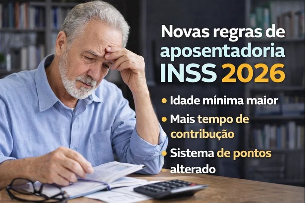 Cálculo do tempo de contribuição para aposentadoria INSS 2026. Idoso analisando os documentos de aposentadoria e calculando o tempo de contribuição de acordo com as novas regras do INSS 2026.