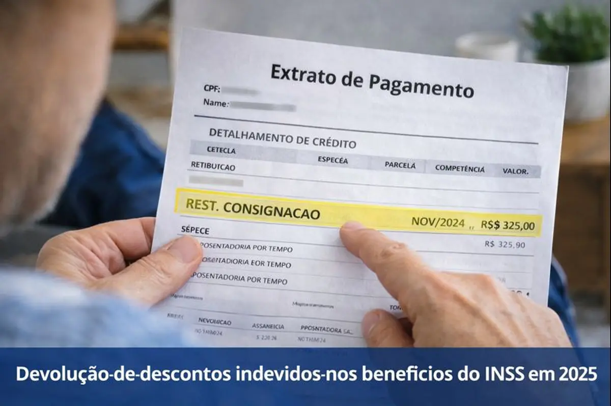Conferência de devolução de descontos no extrato do INSS. Beneficiário conferindo extrato do INSS com indicação de restituição de desconto indevido.