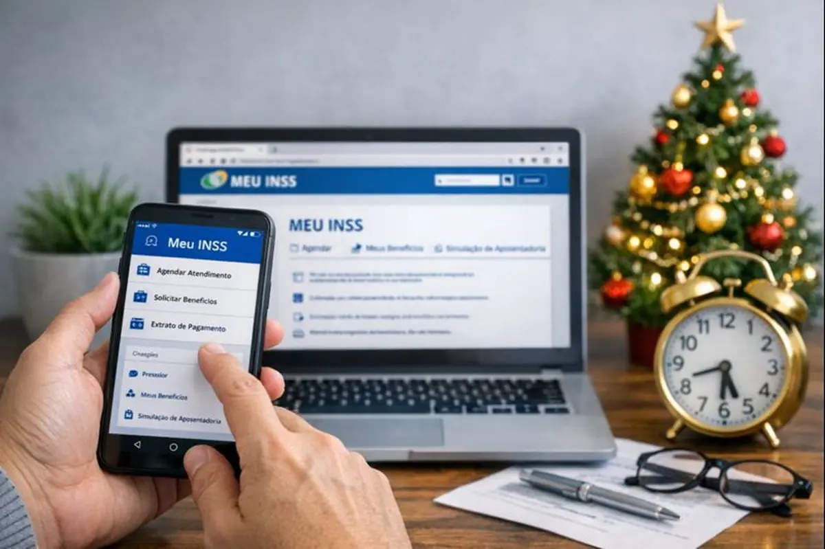 Planejamento de atendimento do INSS no período de fim de ano. Pessoa acessando o Meu INSS pelo celular como forma de planejamento antes do recesso de fim de ano.