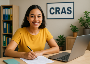 Mulher sorridente atende no CRAS, com computador, papéis e plantas ao fundo em ambiente organizado.