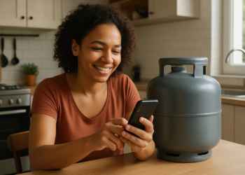 Mulher sorrindo usando celular ao lado de um botijão de gás na cozinha.