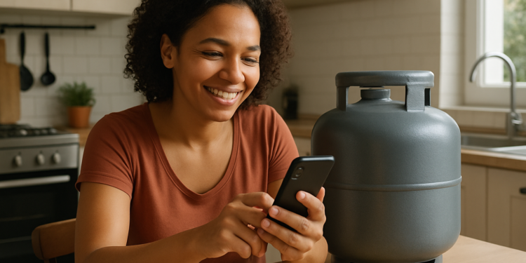 Mulher sorrindo usando celular ao lado de um botijão de gás na cozinha.