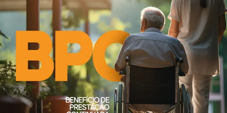 Idoso em cadeira de rodas sendo acompanhado por cuidadora com texto BPC Benefício de Prestação Continuada