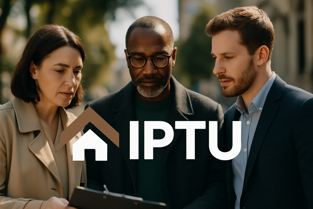 Calendário do IPTU 2026. Três profissionais analisando documentos sobre IPTU com ícone de casa e letras IPTU sobrepostas