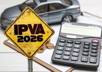 Placa amarela com IPVA 2026, carro de brinquedo, moedas e calculadora ao fundo.