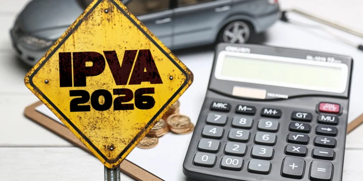 Placa amarela com IPVA 2026, carro de brinquedo, moedas e calculadora ao fundo.