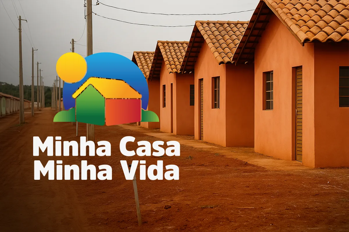 Programa Minha Casa Minha Vida Casas Populares Casas populares laranjas alinhadas em uma rua de terra com logo do programa Minha Casa Minha Vida sobreposto