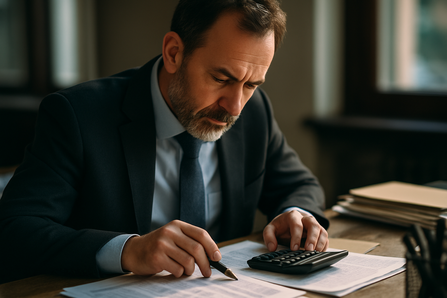 Reforma tributária em 2026. Homem analisando documentos e calculadora, avaliando reforma tributária e impactos em 2026.