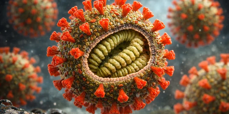 Estrutura do vírus Nipah em 2026, vista microscópica detalhada.