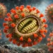 Estrutura do vírus Nipah em 2026, vista microscópica detalhada.
