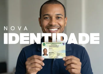 Homem sorrindo exibe nova identidade brasileira de 2026 nas mãos.
