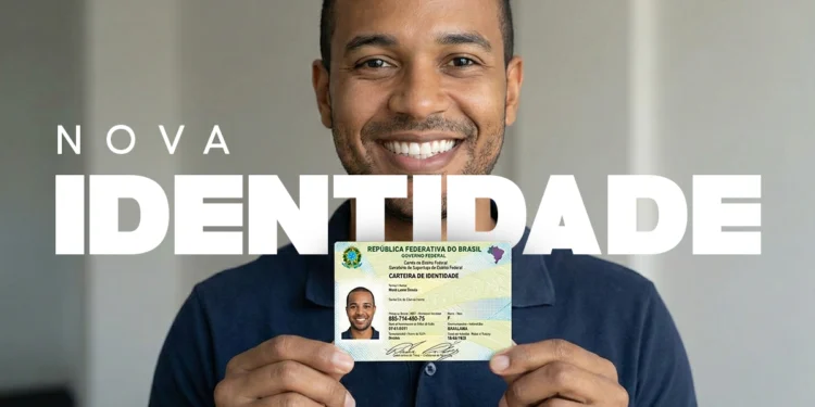 Homem sorrindo exibe nova identidade brasileira de 2026 nas mãos.