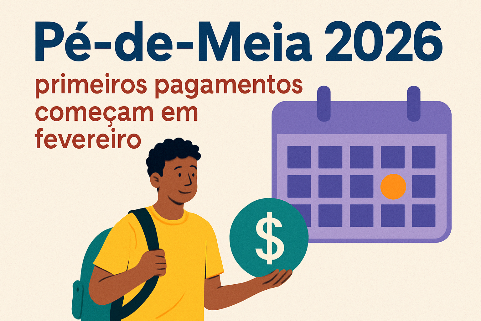 Pagamentos do Pé-de-Meia. Ilustração de estudante com mochila segurando símbolo de dinheiro ao lado de um calendário
