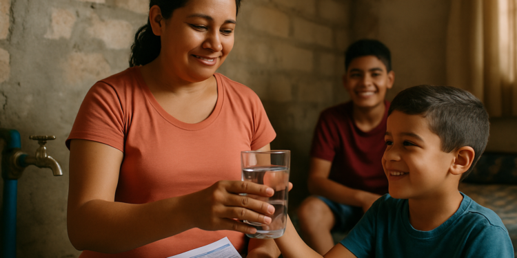 Mãe entrega copo de água limpa ao filho sorridente, com outro jovem ao fundo.
