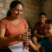 Mãe entrega copo de água limpa ao filho sorridente, com outro jovem ao fundo.