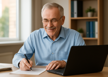 Homem idoso sorrindo enquanto escreve em um papel ao lado de um laptop.