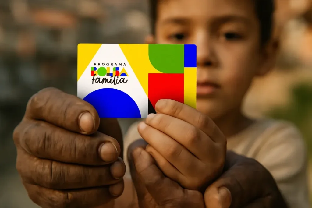 Cartão do Programa Bolsa Família em mãos Mãos de um adulto e uma criança segurando o cartão do Programa Bolsa Família.