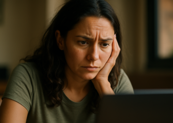 Mulher com expressão de preocupação olhando fixamente para a tela do notebook, apoiando o rosto na mão.