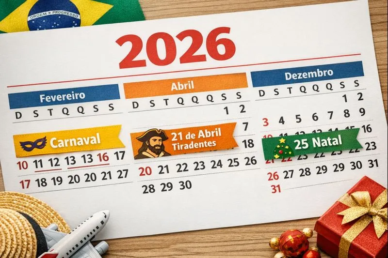 Calendário de Feriados Nacionais 2026 - Organização e Planejamento. Calendário de 2026 com os principais feriados nacionais do Brasil destacados, incluindo Carnaval, Tiradentes e Natal.
