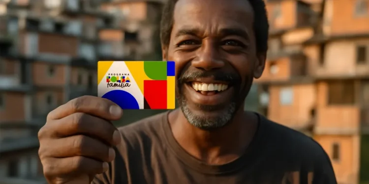 Homem sorrindo com cartão do programa social Bolsa Família, em frente a uma comunidade.