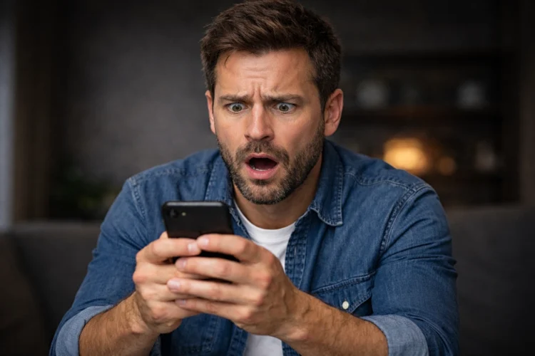 Surpresa ao receber mensagem inesperada no celular. Homem surpreso olhando com espanto para o celular em ambiente interno.