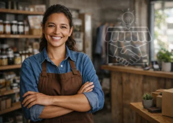 Mulher sorridente de avental em loja, representando empreendedorismo em 2026.