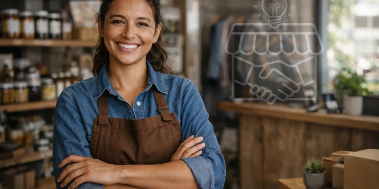 Mulher sorridente de avental em loja, representando empreendedorismo em 2026.