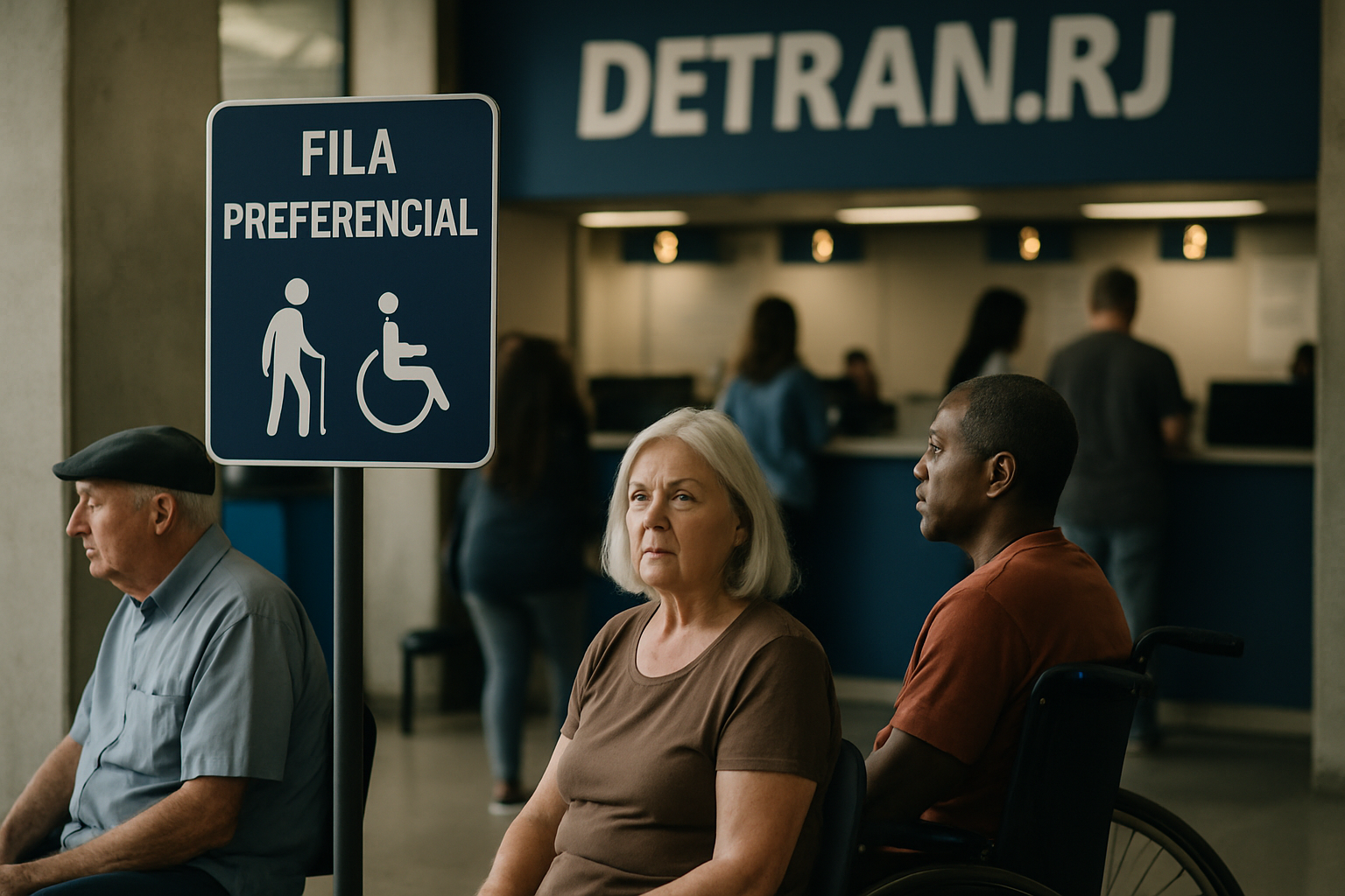 Atendimento prioritário no DETRAN RJ: respeito à acessibilidade. Pessoas aguardando na fila preferencial no DETRAN RJ, com placa de atendimento prioritário visível.