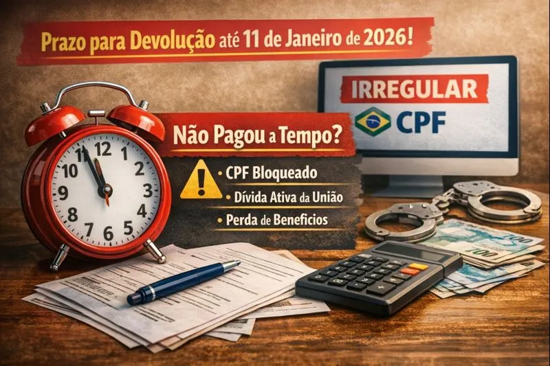 Prazo para Devolução e Consequências do Não Pagamento. Imagem ilustrando o prazo para devolução até 11 de janeiro de 2026, com possíveis consequências do não pagamento, como CPF bloqueado e perda de benefícios.