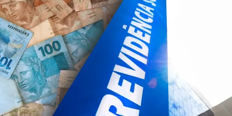 Imagem da fachada do INSS com cédulas de dinheiro, representando os benefícios pagos pelo instituto.