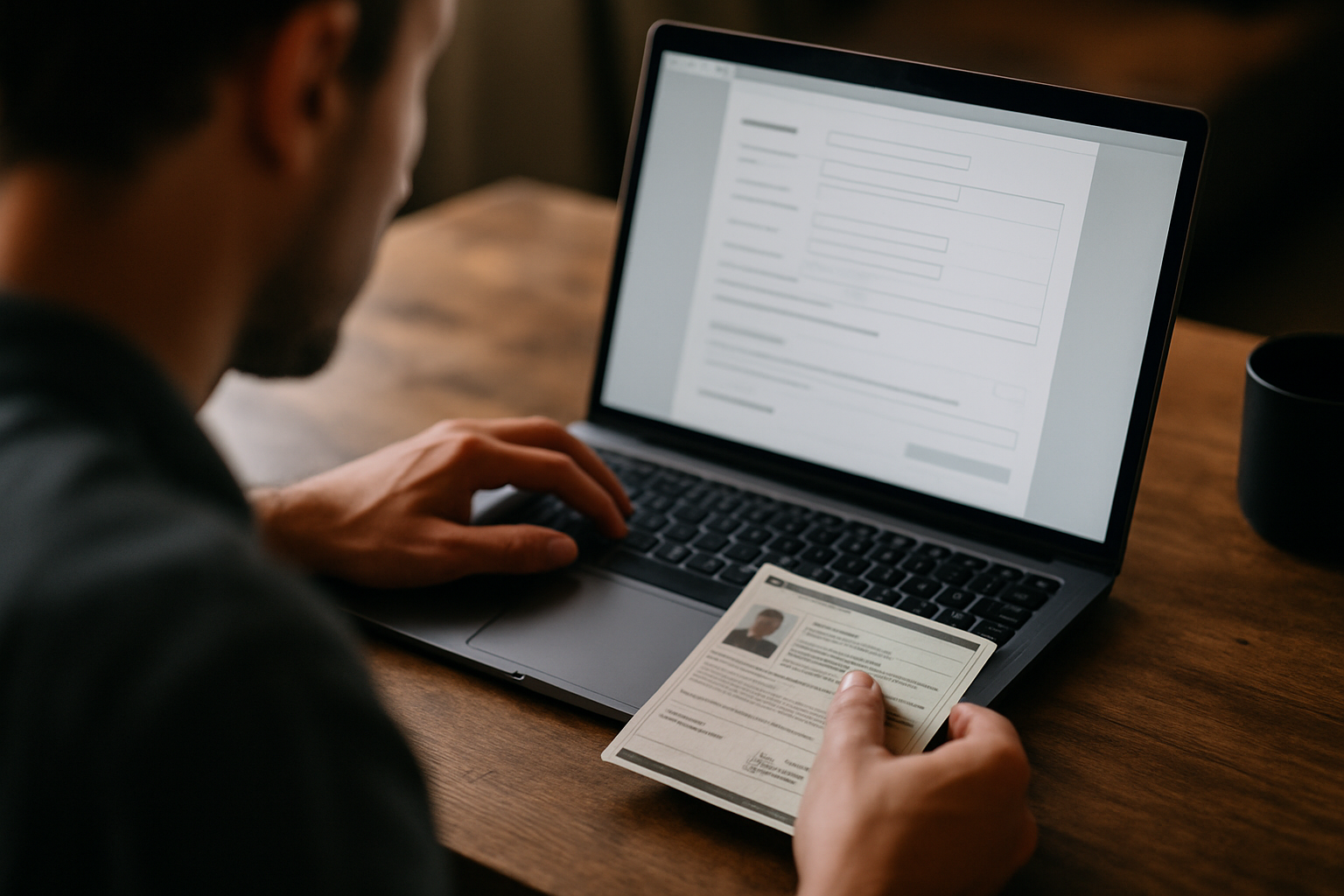 Preenchimento de formulário online com documento pessoal. Pessoa digitando em notebook e segurando documento para cadastro online.