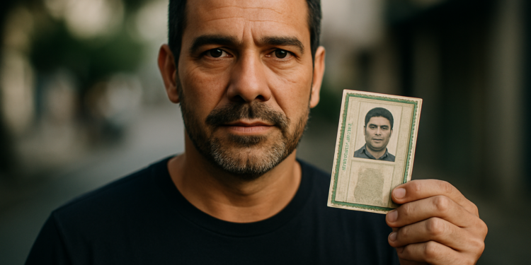 Homem segura documento de identidade antigo com foto, destaque para expressão séria.