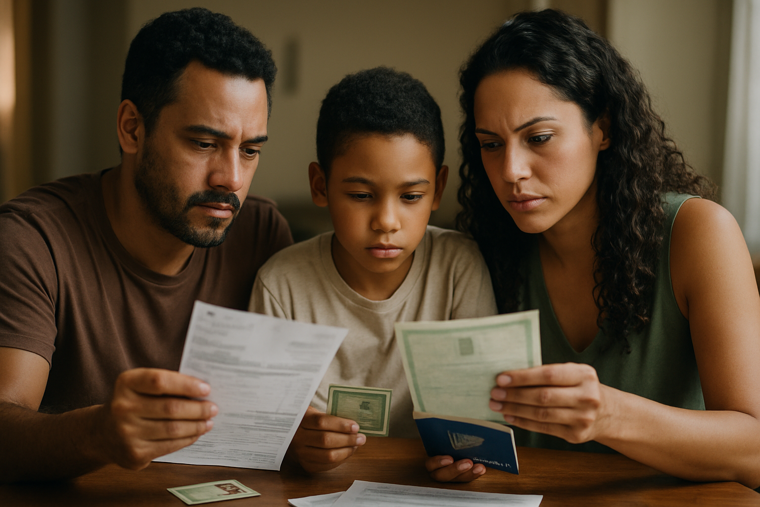 Família analisando documentos importantes em 2026. Família de três pessoas analisando documentos e identidades em casa, símbolo de responsabilidade.