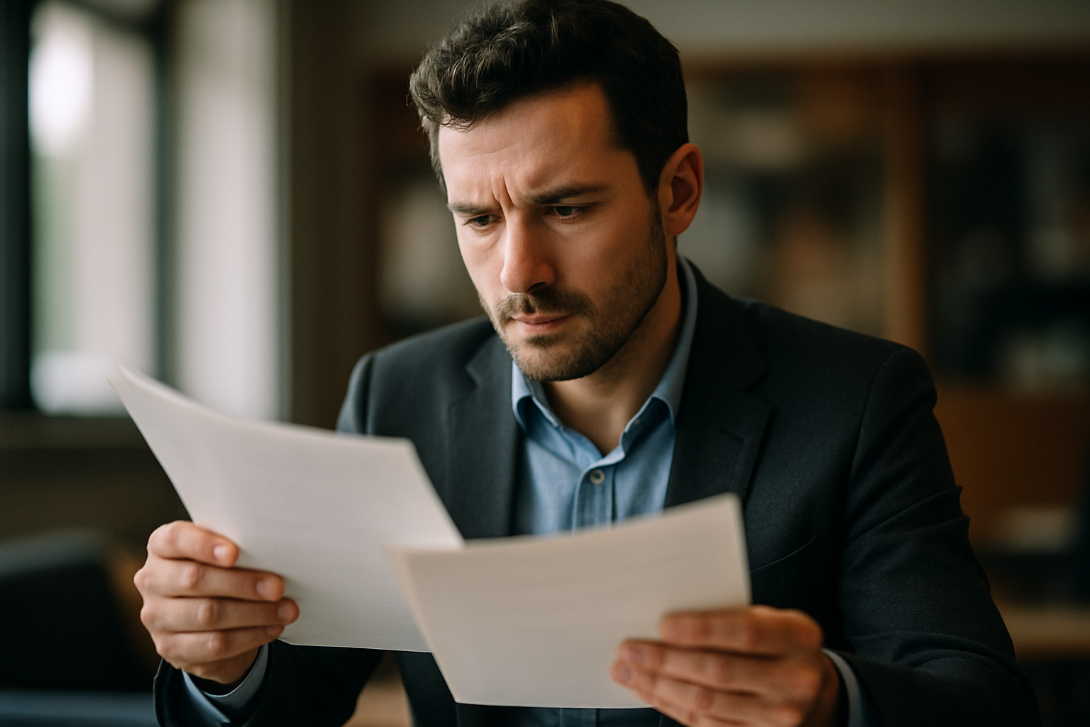 Executivo analisando documentos importantes em 2026. Homem de terno lendo papéis com expressão séria em escritório, contexto profissional em 2026.